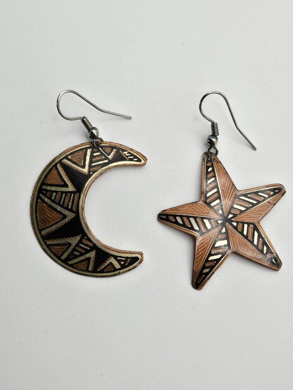 Copper Star & Crescent Tribal Dangle Earrings Art Deco Moon And Star